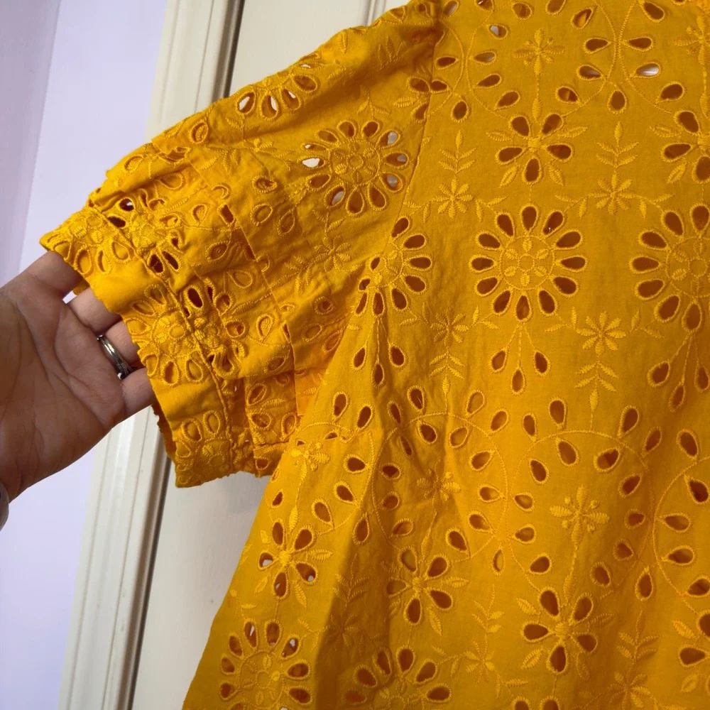 J. Crew Puff Sleeve Eyelet Popover Top Size XXL Snap In Cami Insert Yellow
